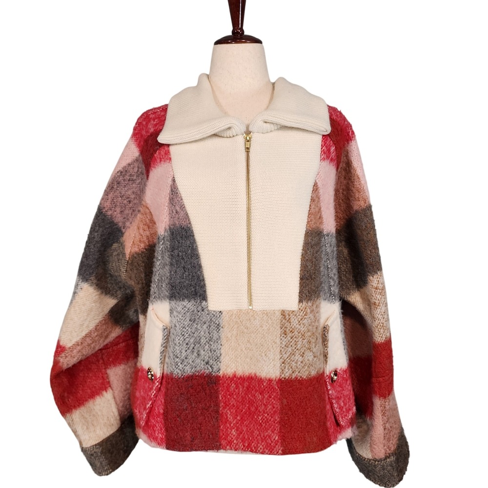 Toccin Plaid Pullover Jacket Women Medium Red Cream Wool Blend Quarter Zip Coat
